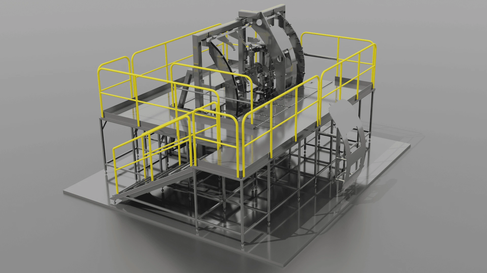 Elevated frame assembly station with safety railing